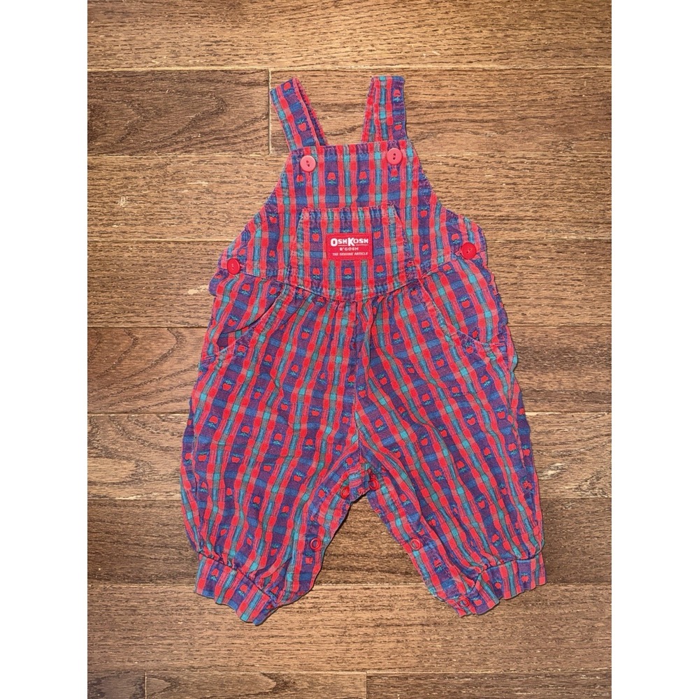 Vtg OshKosh B'gosh Overalls 6-9M Apple Print Plaid Vestbak Made in USA RARE Baby